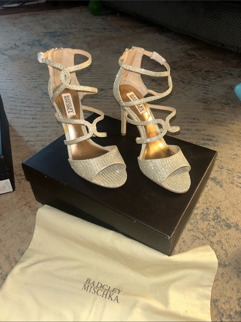 Badgley Mischka Sparkling Gold Strappy Stiletto Sandals